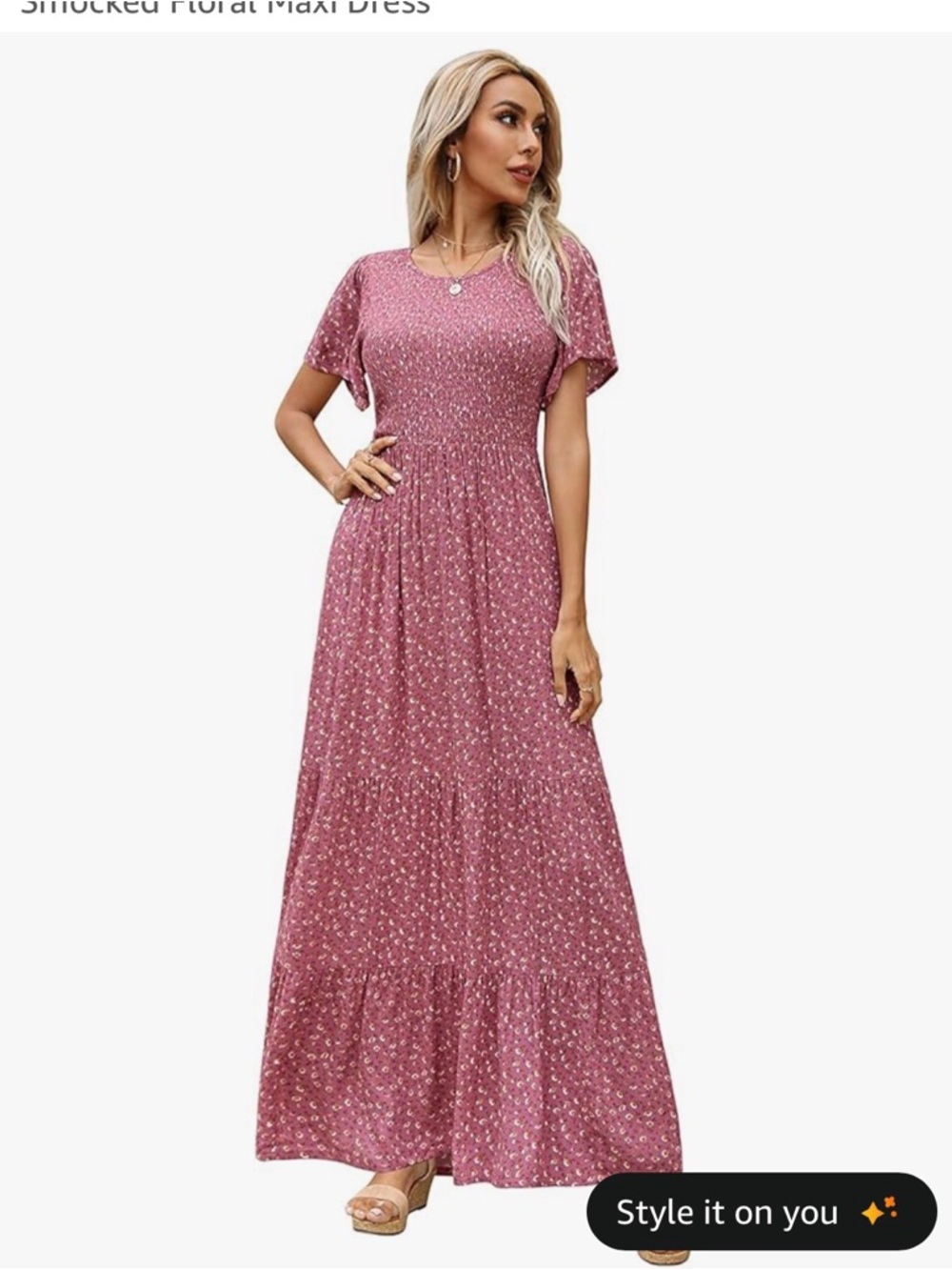 Women's Rose Pink Smocked Floral Maxi Dress Elegant and comfortable!